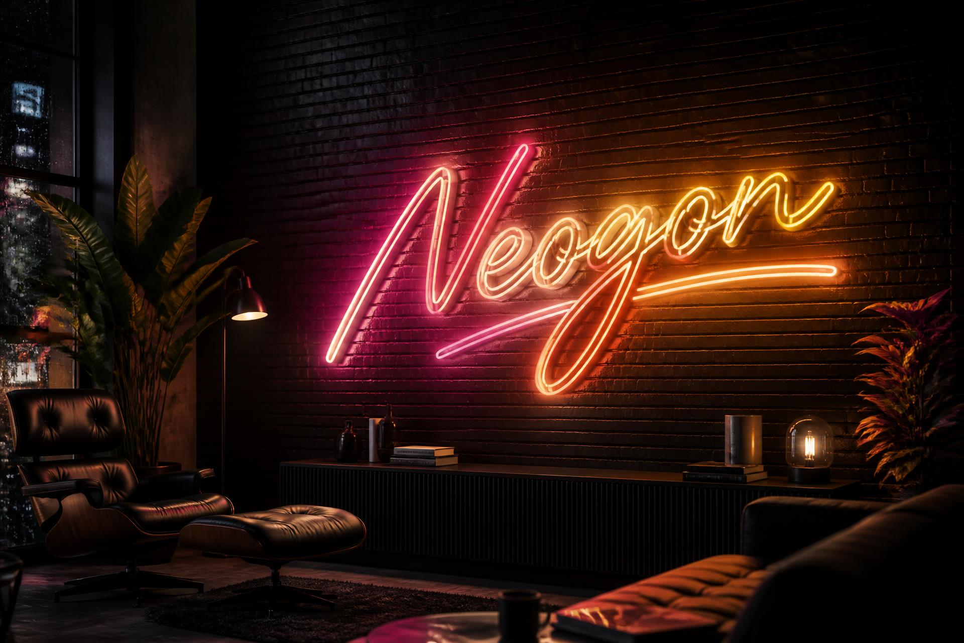 Custom neon sign glowing in a dark living room